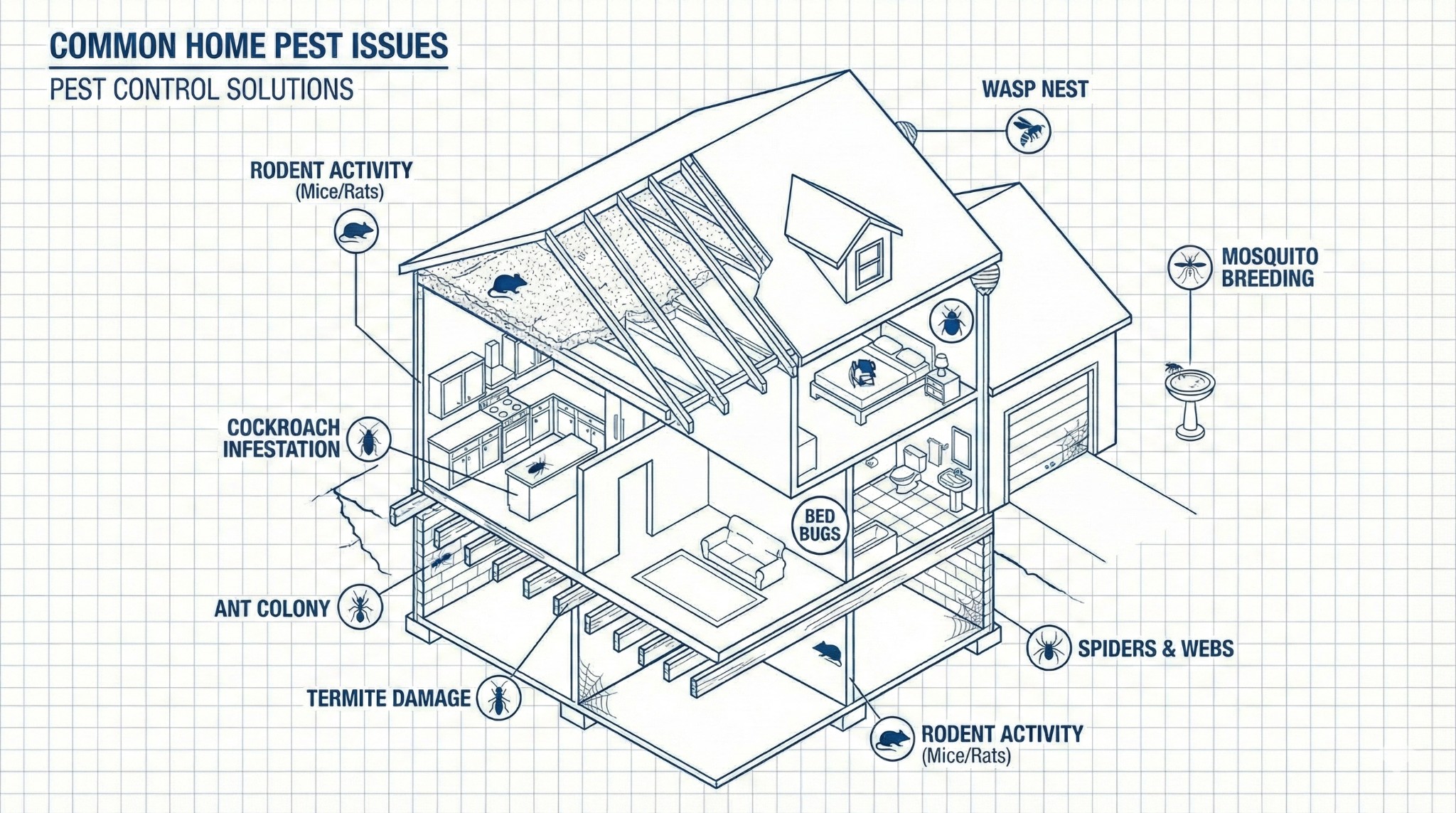 Isometric blueprint showing common pest issues in a home
